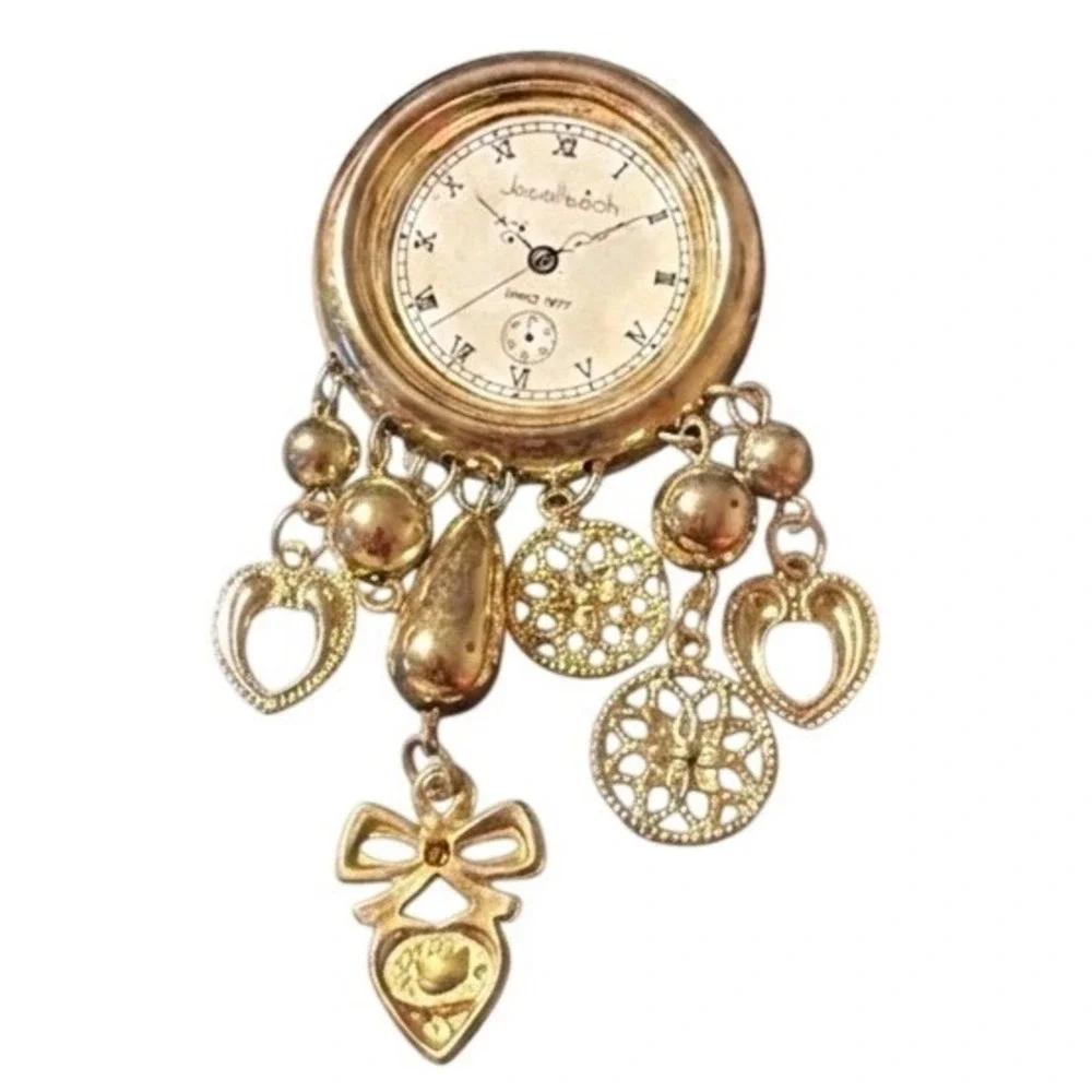 Flawed‎ Gem! Jewelltech Gold Tone Watch Brooch Charm Pin Filigree Roman Numeral